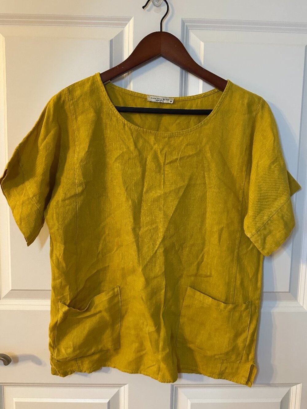 Francesca Bettini Italian Linen Lagenlook Boxy Pocket Top Mustard Made Italy